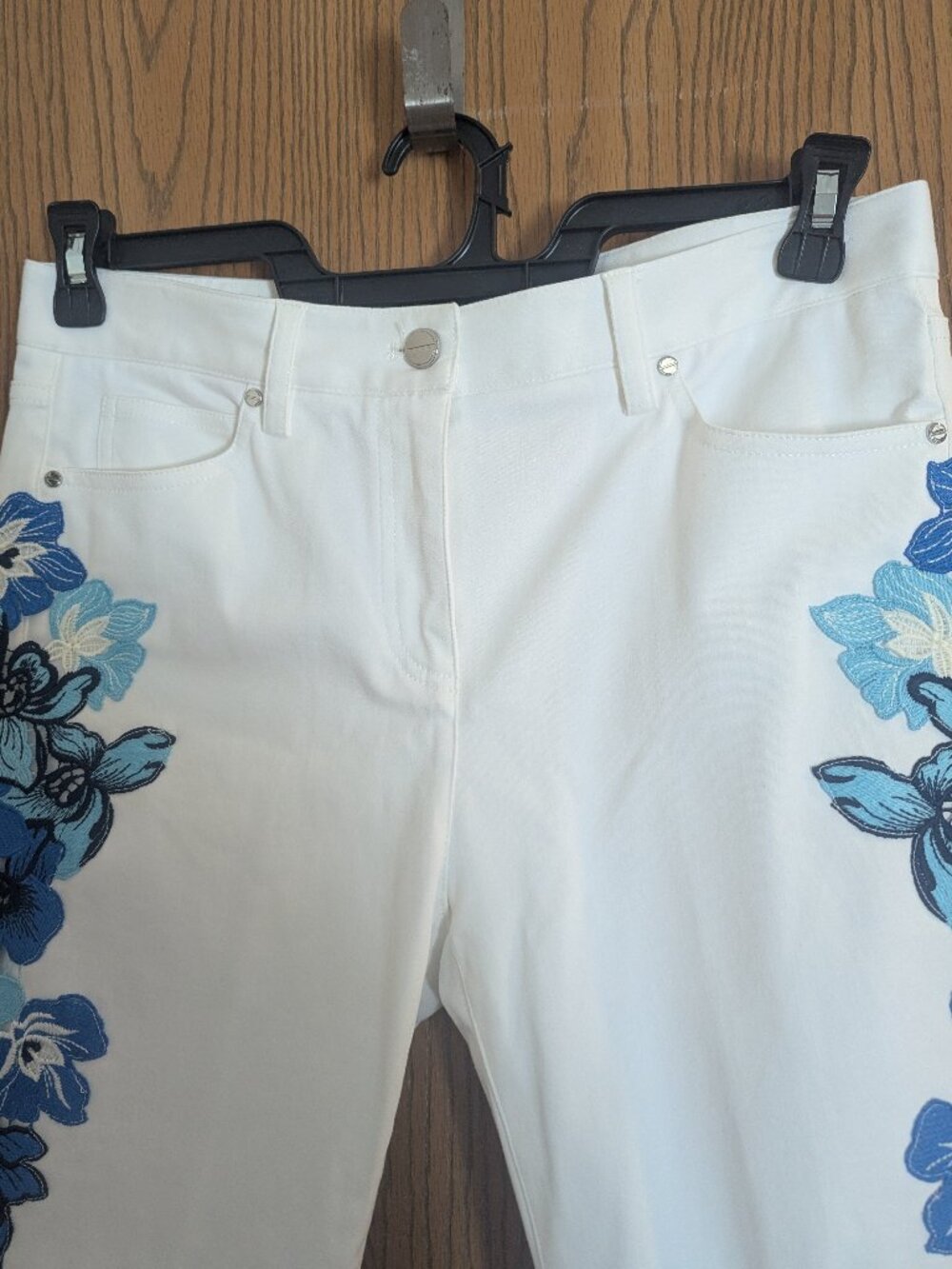 Carlisle White Pants with Blue Floral Embroidered Side Panels - Picture 6 of 7